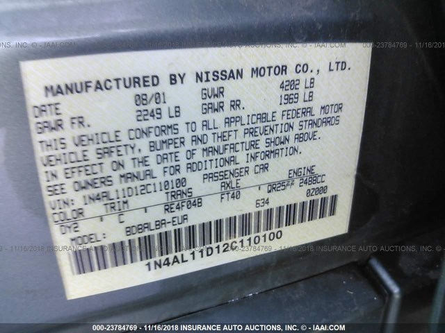 1N4AL11D12C110100 - 2002 NISSAN ALTIMA S/SL GREEN photo 9