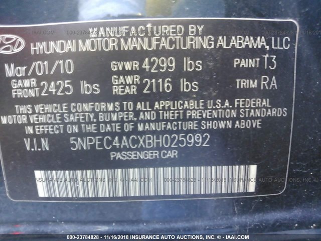 5NPEC4ACXBH025992 - 2011 HYUNDAI SONATA SE/LIMITED BLUE photo 9