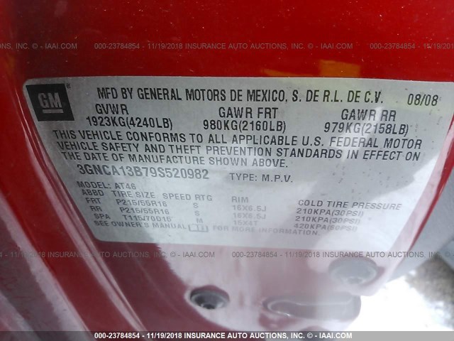 3GNCA13B79S520982 - 2009 CHEVROLET HHR LS Negro foto 9