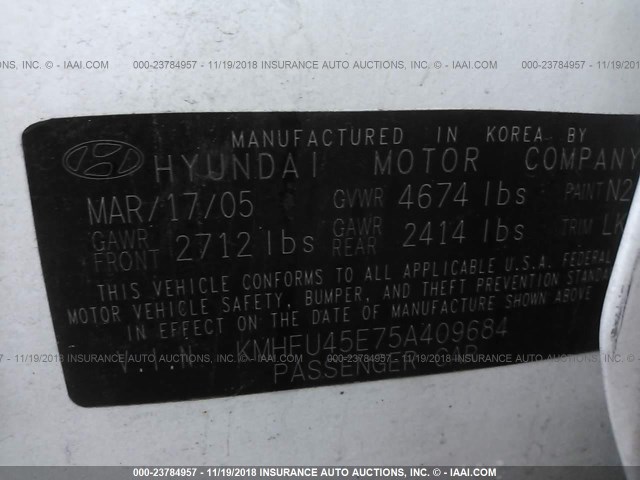 KMHFU45E75A409684 - 2005 HYUNDAI XG 350 WHITE photo 9