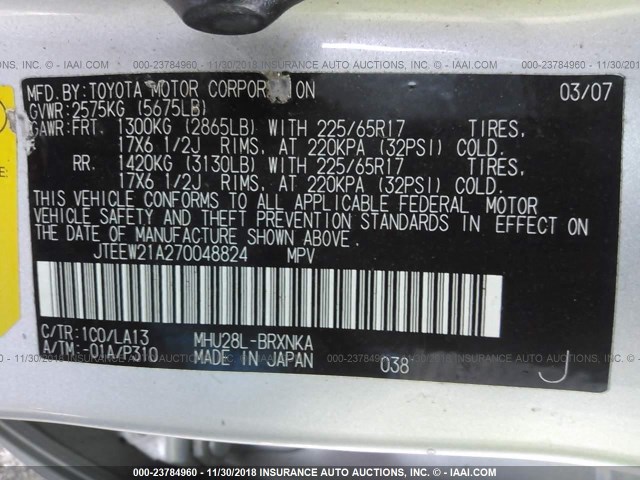 JTEEW21A270048824 - 2007 TOYOTA HIGHLANDER HYBRID SILVER photo 9