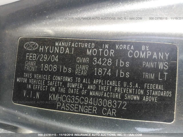 KMHCG35C94U308372 - 2004 HYUNDAI ACCENT GL GRAY photo 9