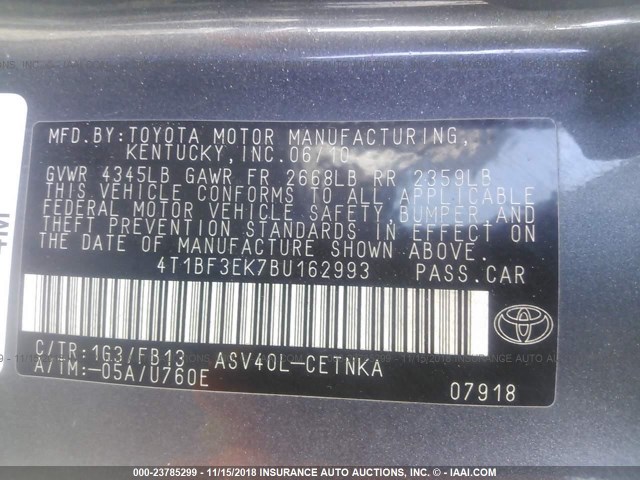 4T1BF3EK7BU162993 - 2011 TOYOTA CAMRY SE/LE/XLE 灰色 照片 9