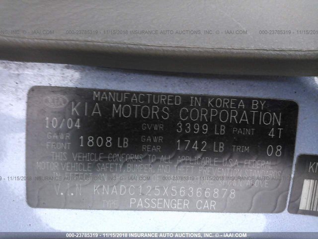 KNADC125X56366878 - 2005 KIA RIO Light Blue photo 9