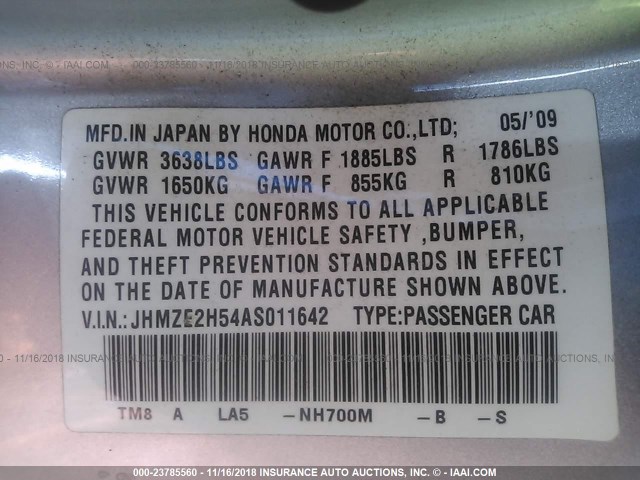 JHMZE2H54AS011642 - 2010 HONDA INSIGHT LX SILVER photo 9