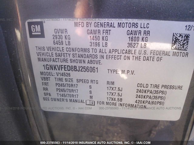 1GNKVFED8BJ256061 - 2011 CHEVROLET TRAVERSE LS GRAY photo 9