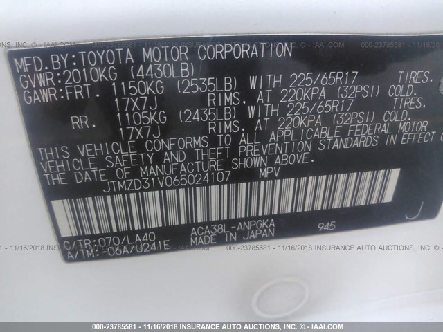 JTMZD31V065024107 - 2006 TOYOTA RAV4 LIMITED WHITE photo 9