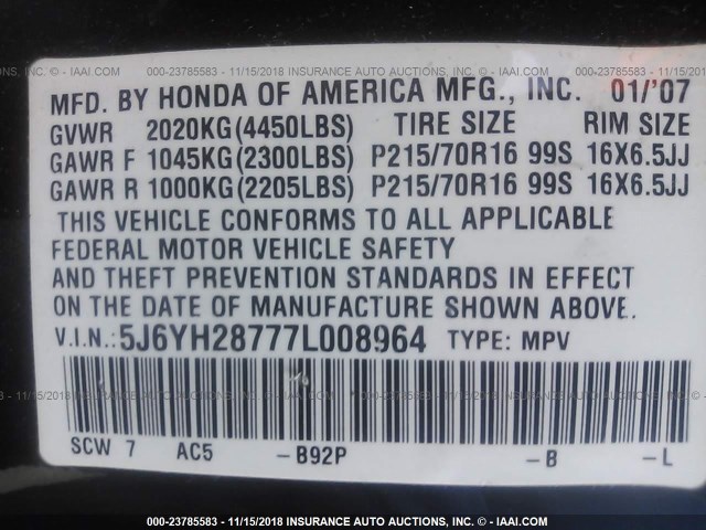 5J6YH28777L008964 - 2007 HONDA ELEMENT EX BLACK photo 9