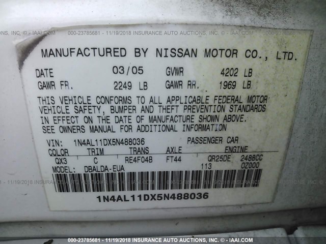 1N4AL11DX5N488036 - 2005 NISSAN ALTIMA S/SL WHITE photo 9