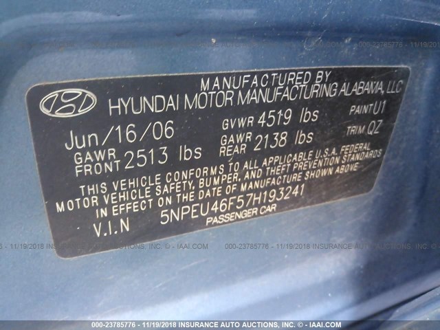 5NPEU46F57H193241 - 2007 HYUNDAI SONATA SE/LIMITED TEAL photo 9