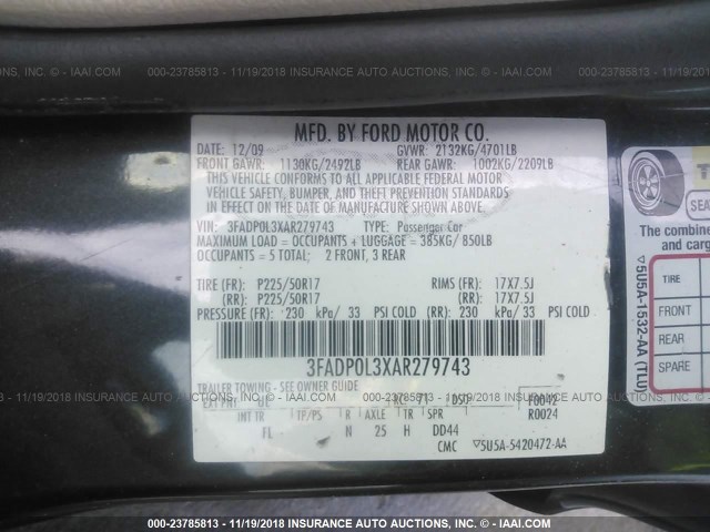 3FADP0L3XAR279743 - 2010 FORD FUSION HYBRID BLACK photo 9