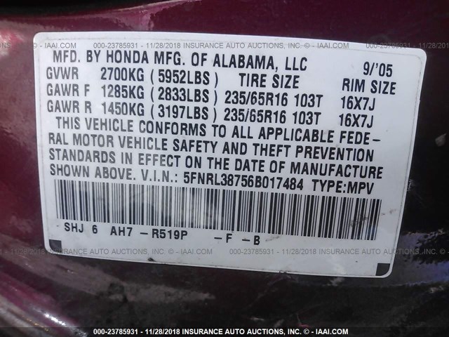 5FNRL38756B017484 - 2006 HONDA ODYSSEY EXL MAROON photo 9