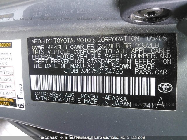 JTDBF32K950164765 - 2005 TOYOTA CAMRY LE/XLE/SE GRAY photo 9