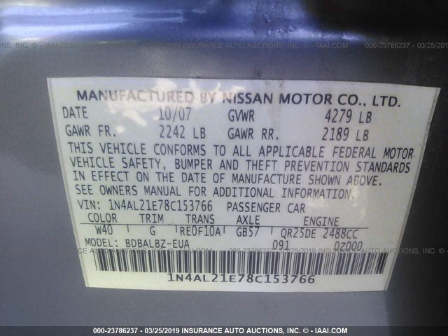 1N4AL21E78C153766 - 2008 NISSAN ALTIMA 2.5/2.5S GRAY photo 9