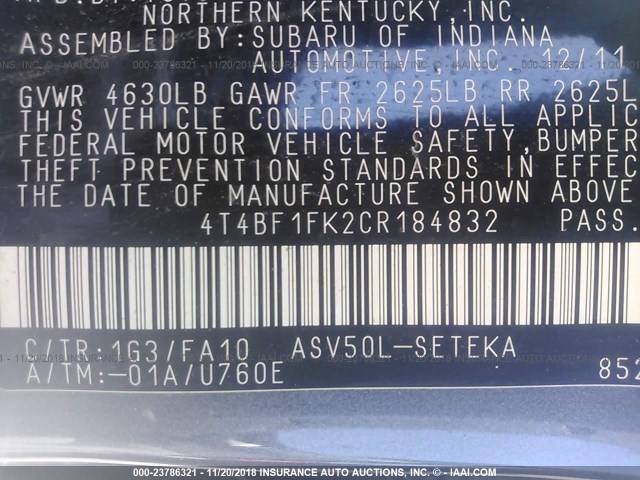 4T4BF1FK2CR184832 - 2012 TOYOTA CAMRY SE/LE/XLE 灰色 照片 9