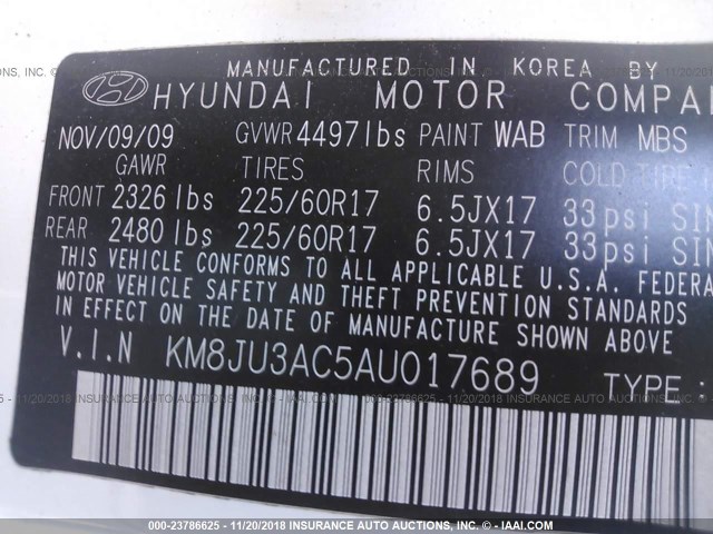 KM8JU3AC5AU017689 - 2010 HYUNDAI TUCSON GLS/LIMITED 白色 照片 9
