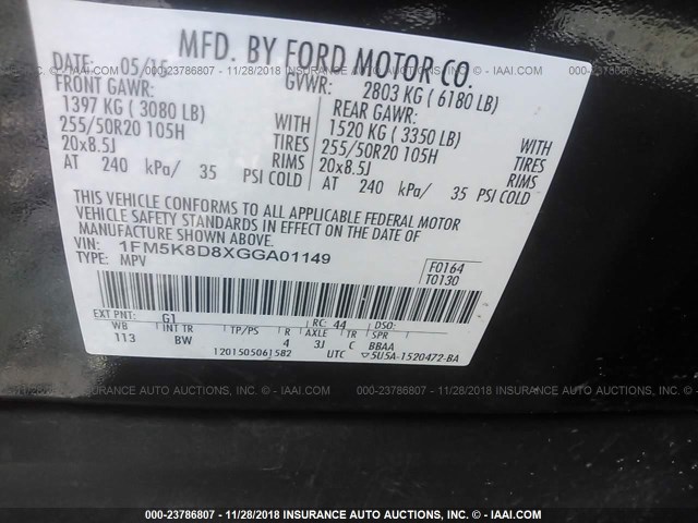 1FM5K8D8XGGA01149 - 2016 FORD EXPLORER XLT BLACK photo 9