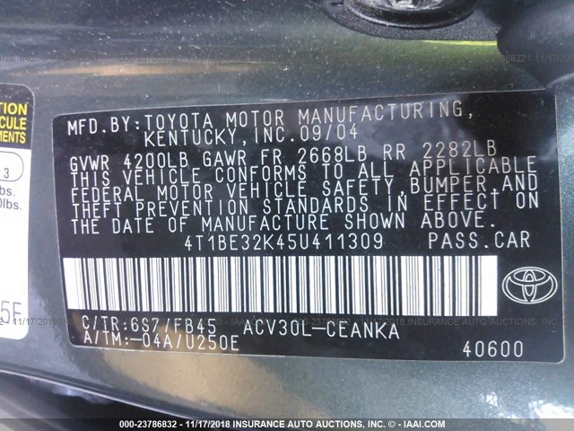 4T1BE32K45U411309 - 2005 TOYOTA CAMRY LE/XLE/SE GRAY photo 9
