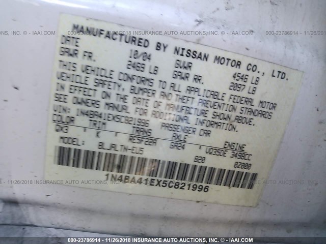 1N4BA41EX5C821996 - 2005 NISSAN MAXIMA SE/SL WHITE photo 9