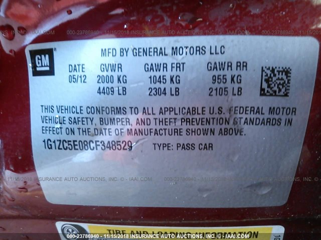 1G1ZC5E08CF348529 - 2012 CHEVROLET MALIBU 1LT RED photo 9