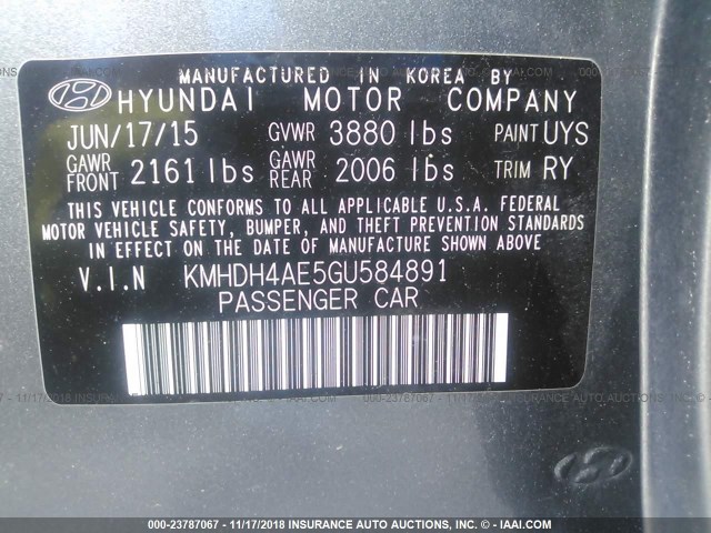 KMHDH4AE5GU584891 - 2016 HYUNDAI ELANTRA SE/SPORT/LIMITED GRAY photo 9