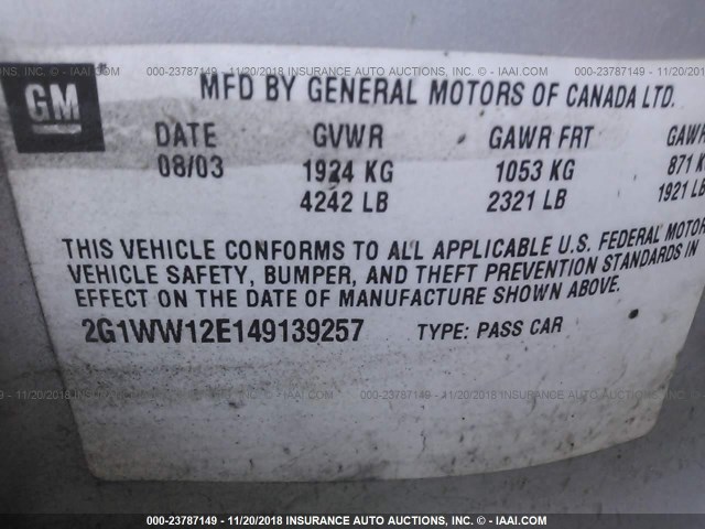 2G1WW12E149139257 - 2004 CHEVROLET MONTE CARLO LS SILVER photo 9