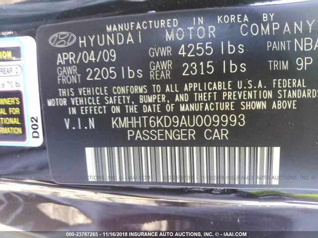 KMHHT6KD9AU009993 - 2010 HYUNDAI GENESIS COUPE  BLACK photo 9