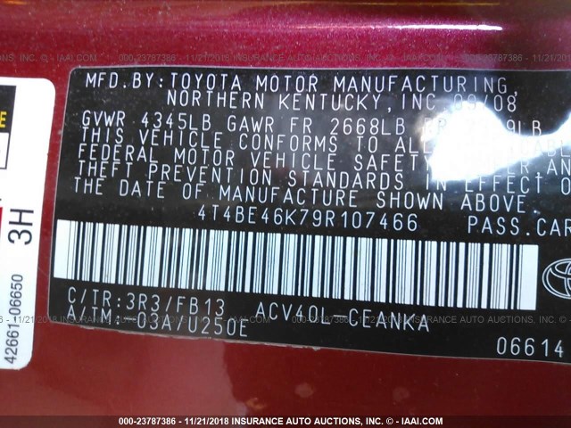 4T4BE46K79R107466 - 2009 TOYOTA CAMRY SE/LE/XLE 红色 照片 9