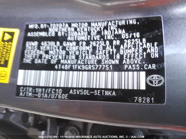 4T4BF1FK9GR577751 - 2016 TOYOTA CAMRY LE/XLE/SE/XSE GRAY photo 9