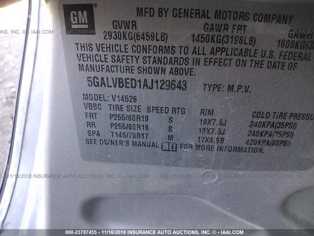 5GALVBED1AJ129643 - 2010 BUICK ENCLAVE CXL SILVER photo 9