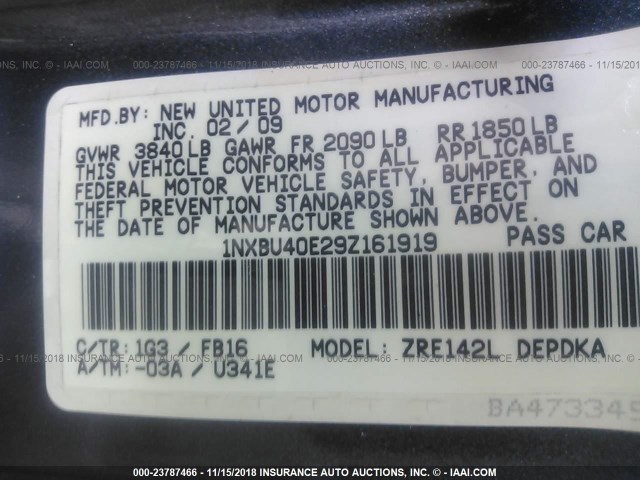 1NXBU40E29Z161919 - 2009 TOYOTA COROLLA S/LE/XLE GRAY photo 9