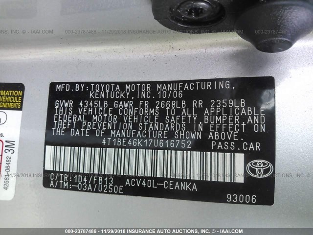 4T1BE46K17U616752 - 2007 TOYOTA CAMRY NEW GENERAT CE/LE/XLE/SE SILVER photo 9