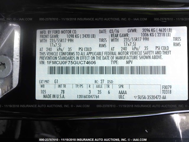 1FMCU0F75GUC74606 - 2016 FORD ESCAPE S BLACK photo 9