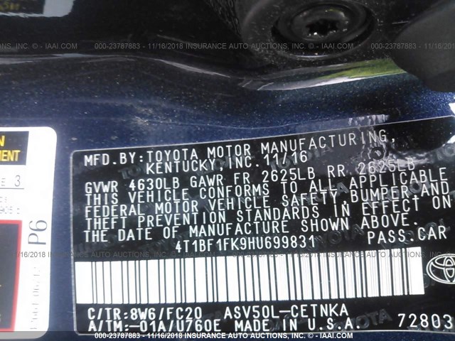 4T1BF1FK9HU699831 - 2017 TOYOTA CAMRY LE/XLE/SE/XSE BLUE photo 9