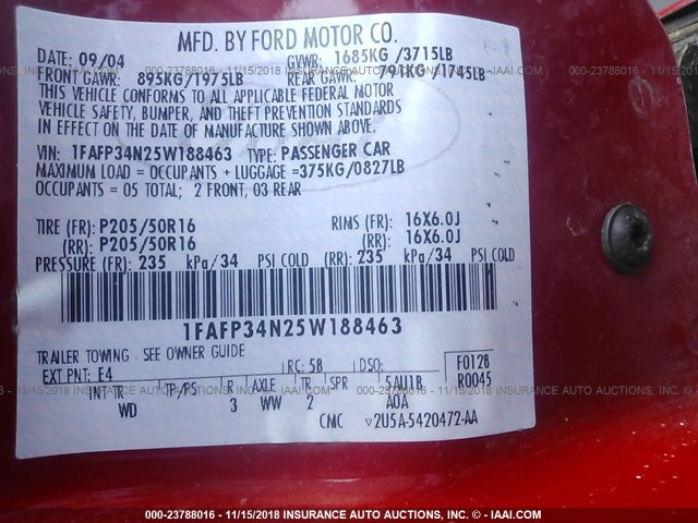 1FAFP34N25W188463 - 2005 FORD FOCUS ZX4 RED photo 9