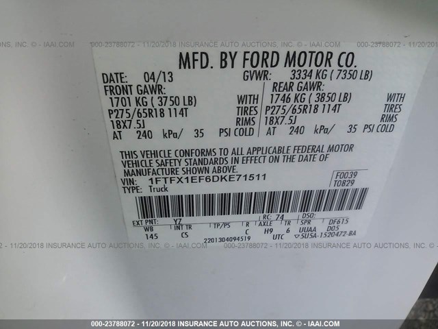 1FTFX1EF6DKE71511 - 2013 FORD F150 SUPER CAB WHITE photo 9