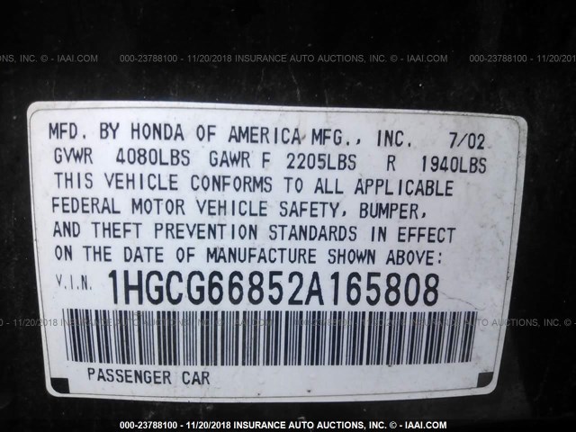 1HGCG66852A165808 - 2002 HONDA ACCORD EX/SE BLACK photo 9