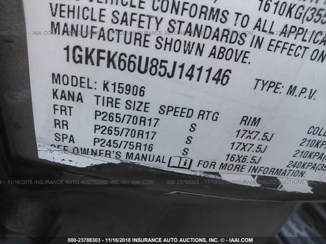 1GKFK66U85J141146 - 2005 GMC YUKON XL DENALI GRAY photo 9