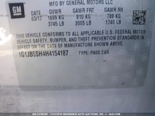 1G1JB5SH4H4154187 - 2017 CHEVROLET SONIC LS 银色 照片 9