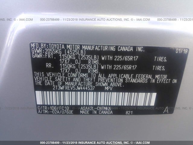 2T3WFREV5JW444537 - 2018 TOYOTA RAV4 ADVENTURE/XLE Gümüş foto 9