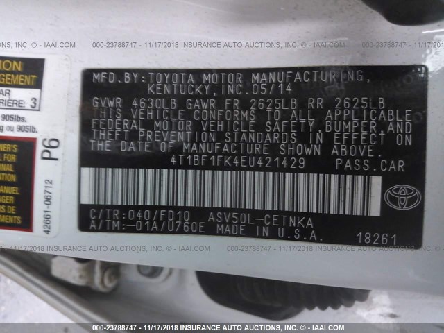 4T1BF1FK4EU421429 - 2014 TOYOTA CAMRY L/SE/LE/XLE 白色 照片 9