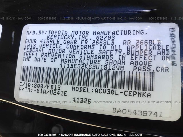 4T1BE32K63U181298 - 2003 TOYOTA CAMRY LE/XLE/SE BLUE photo 9