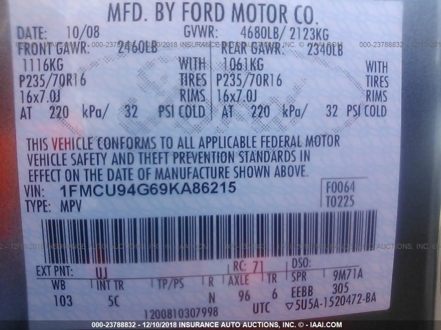 1FMCU94G69KA86215 - 2009 FORD ESCAPE LIMITED GRAY photo 9