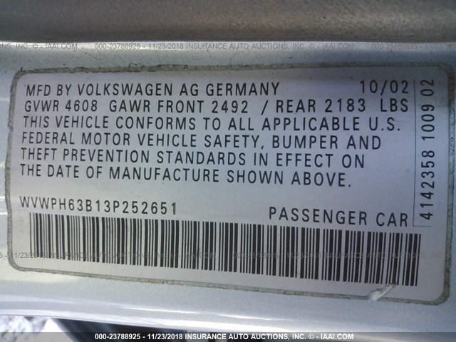 WVWPH63B13P252651 - 2003 VOLKSWAGEN PASSAT GLS Light Blue photo 9