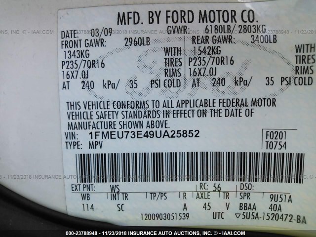 1FMEU73E49UA25852 - 2009 FORD EXPLORER XLT WHITE photo 9