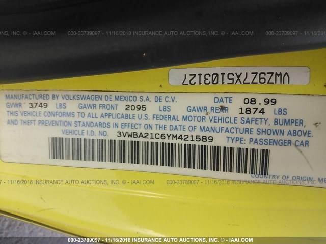 3VWBA21C6YM421589 - 2000 VOLKSWAGEN NEW BEETLE GL 黄色 照片 9