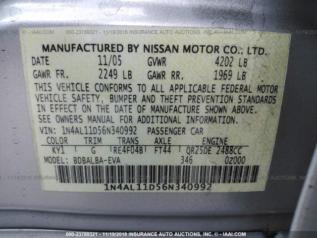 1N4AL11D56N340992 - 2006 NISSAN ALTIMA S/SL SILVER photo 9