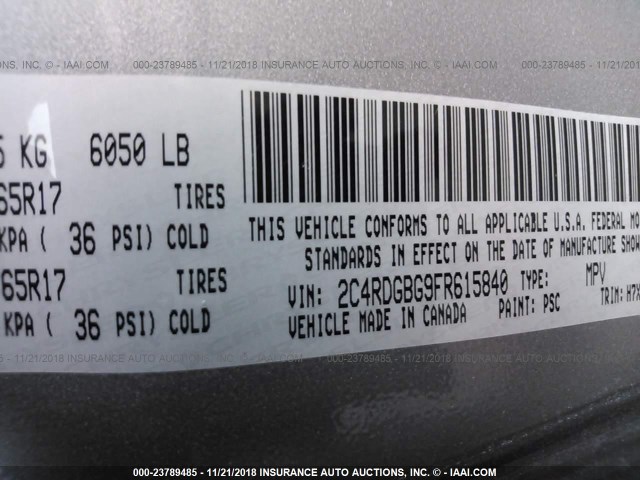 2C4RDGBG9FR615840 - 2015 DODGE GRAND CARAVAN SE SILVER photo 9