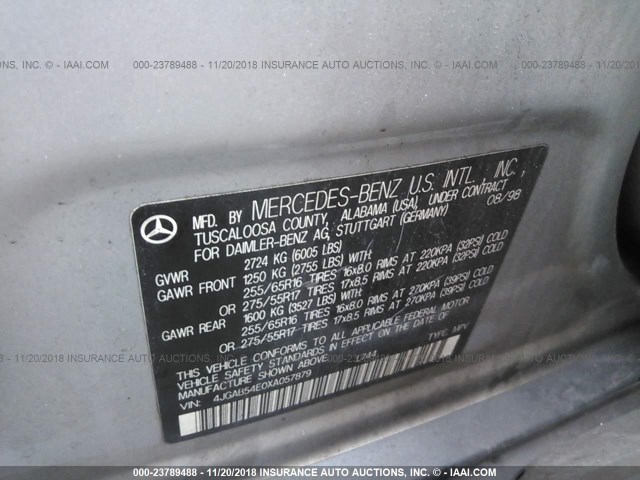 4JGAB54E0XA057879 - 1999 MERCEDES-BENZ ML 320 GRAY photo 9