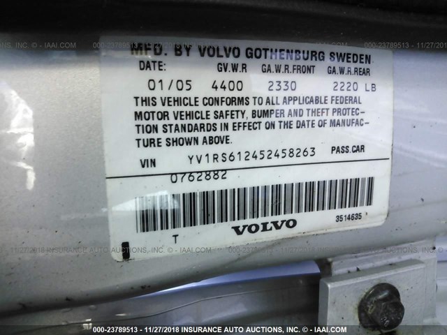 YV1RS612452458263 - 2005 VOLVO S60 SILVER photo 9